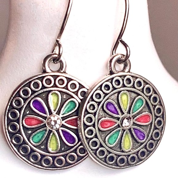 Silver Boho Ethnic Flower Rhinestone Multicolor 1 1/8"L Round Dangle Earrings - Picture 1 of 4